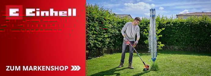  Ein Mann trimmt Rasenkanten mit einem roten Einhell Rasentrimmer in einem sonnigen Garten, während links das Einhell Logo und der Schriftzug "ZUM MARKESHOP" mit einem Pfeil zu sehen sind.