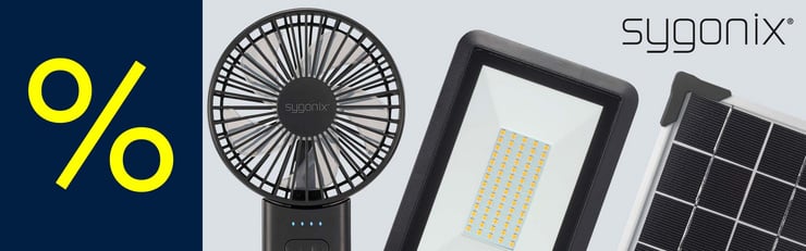 Werbegrafik mit Sygonix Ventilator, LED-Strahler und Solarpanel sowie Rabatt-Symbol für reduzierte Produkte rund um Beleuchtung, Energie und Klimakomfort.