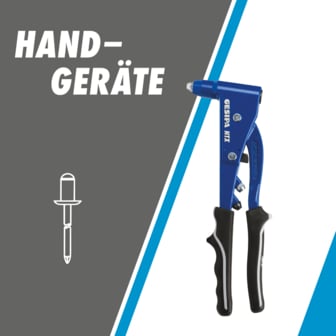  Das Bild zeigt das blaue Handnietgerät Gesipa NTX mit schwarzen Griffen und daneben eine weiße Strichzeichnung eines Blindniets, mit dem Text "HANDGERÄTE" im Vordergrund.