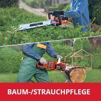  Das Bild ist in zwei Abschnitte unterteilt: Im oberen Teil schneidet eine Person eine Hecke mit einer Heckenschere, während im unteren Teil eine Person mit einer Motorsäge einen Holzstamm zersägt, mit dem roten Schriftzug "BAUM-/STRAUCHPFLEGE" am unteren Bildrand.