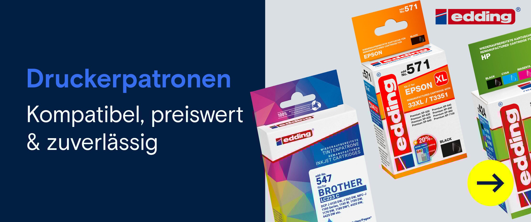 Verschiedene Edding-Druckerpatronen für Brother-, Epson- und HP-Drucker nebeneinander dargestellt.