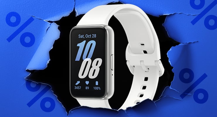 Eine weisse Smartwatch mit digitaler Anzeige erscheint hinter einem aufgerissenen blauen Hintergrund.