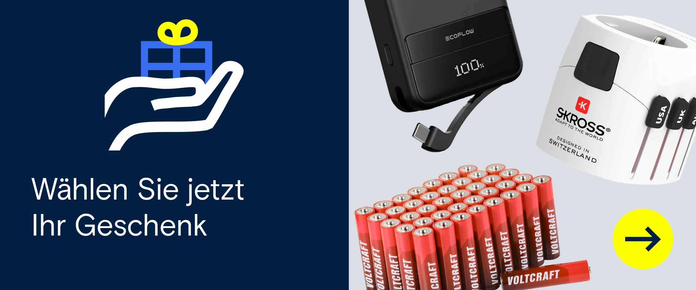 Werbebanner mit dem Text „Wählen Sie jetzt Ihr Geschenk“ neben Abbildungen von Batterien, einer Powerbank und einem Reiseadapter.