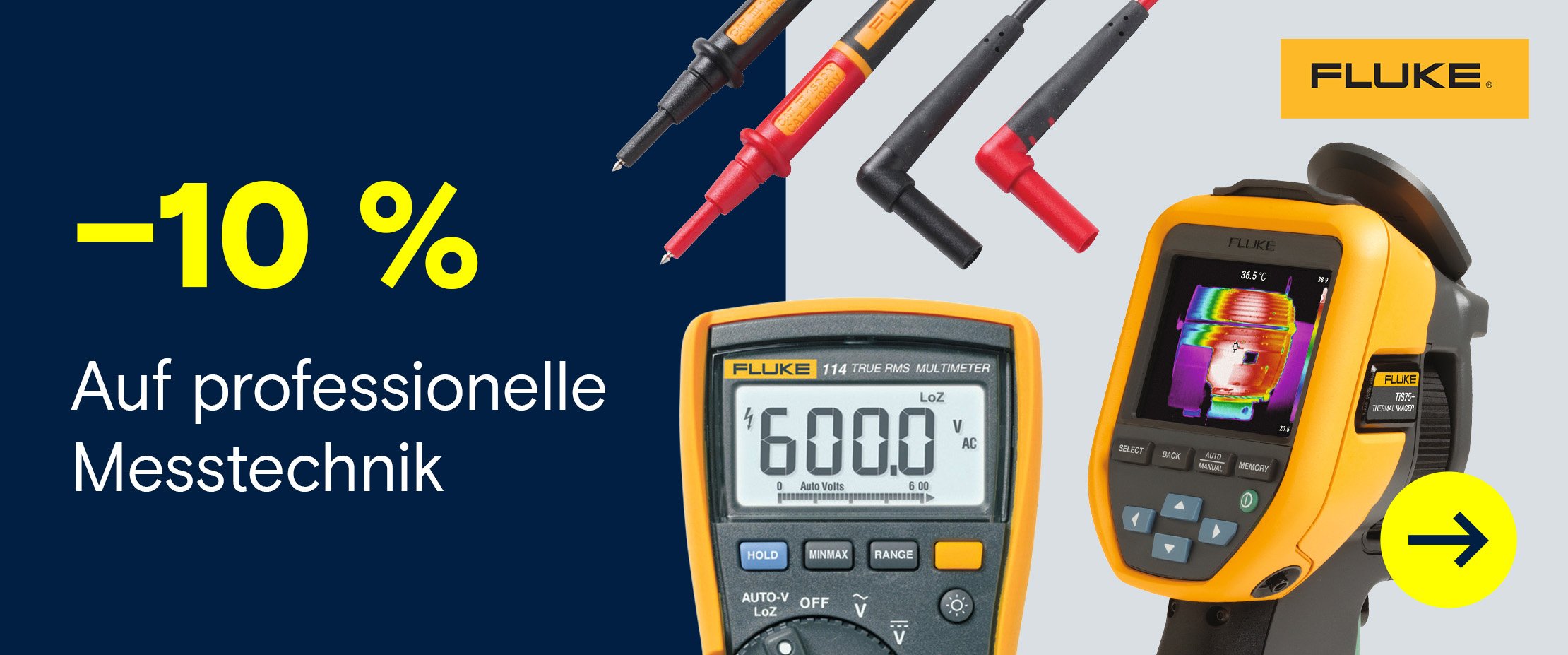 Werbebanner von Fluke mit der Aufschrift „–10 % auf professionelle Messtechnik“, dargestellt mit einem digitalen Multimeter, einer Wärmebildkamera und Messleitungen.