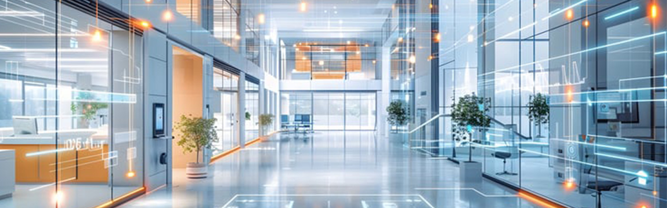 Bürogebäude mit Glaswänden und digital eingeblendeten Linien, Symbolen und Datenströmen, die den Einsatz von IoT-Sensoren darstellen.