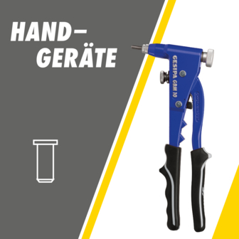 Das Bild zeigt ein blaues Gesipa GBM 10 Handnietgerät mit schwarzen Griffen und einer silbernen Spindel, daneben eine weiße Strichzeichnung einer Blindnietmutter und dem Text "HANDGERÄTE".