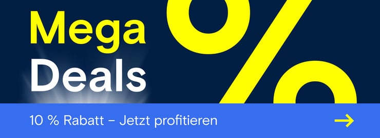 Werbebanner für Mega Deals mit 10 % Rabatt, grosser gelber Prozentgrafik und CTA „Jetzt profitieren“.
