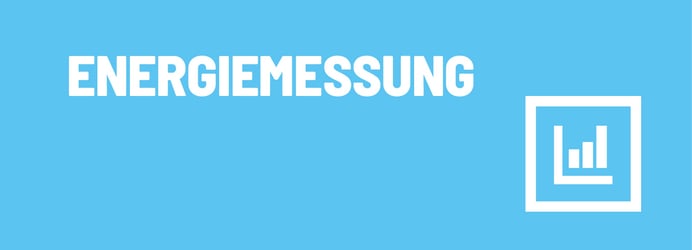 Ein hellblaues Banner mit dem weißen, in Großbuchstaben geschriebenen Wort „ENERGIEMESSUNG“ und einem weißen, quadratisch eingerahmten Balkendiagramm-Symbol auf der rechten Seite.