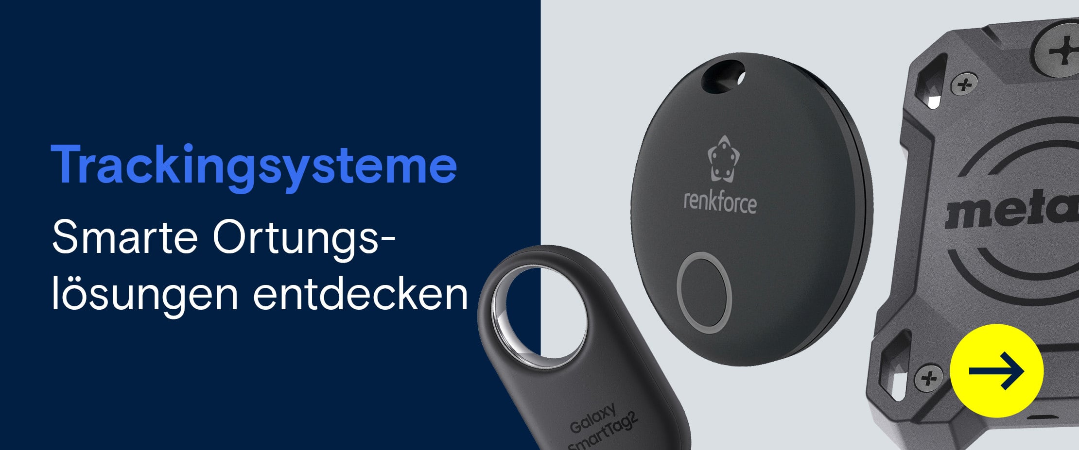 Werbegrafik mit verschiedenen Bluetooth-Trackern und dem Text ‚Trackingsysteme – Smarte Ortungslösungen entdecken‘ für das einfache Auffinden von Schlüsseln, Gepäck und anderen Gegenständen.