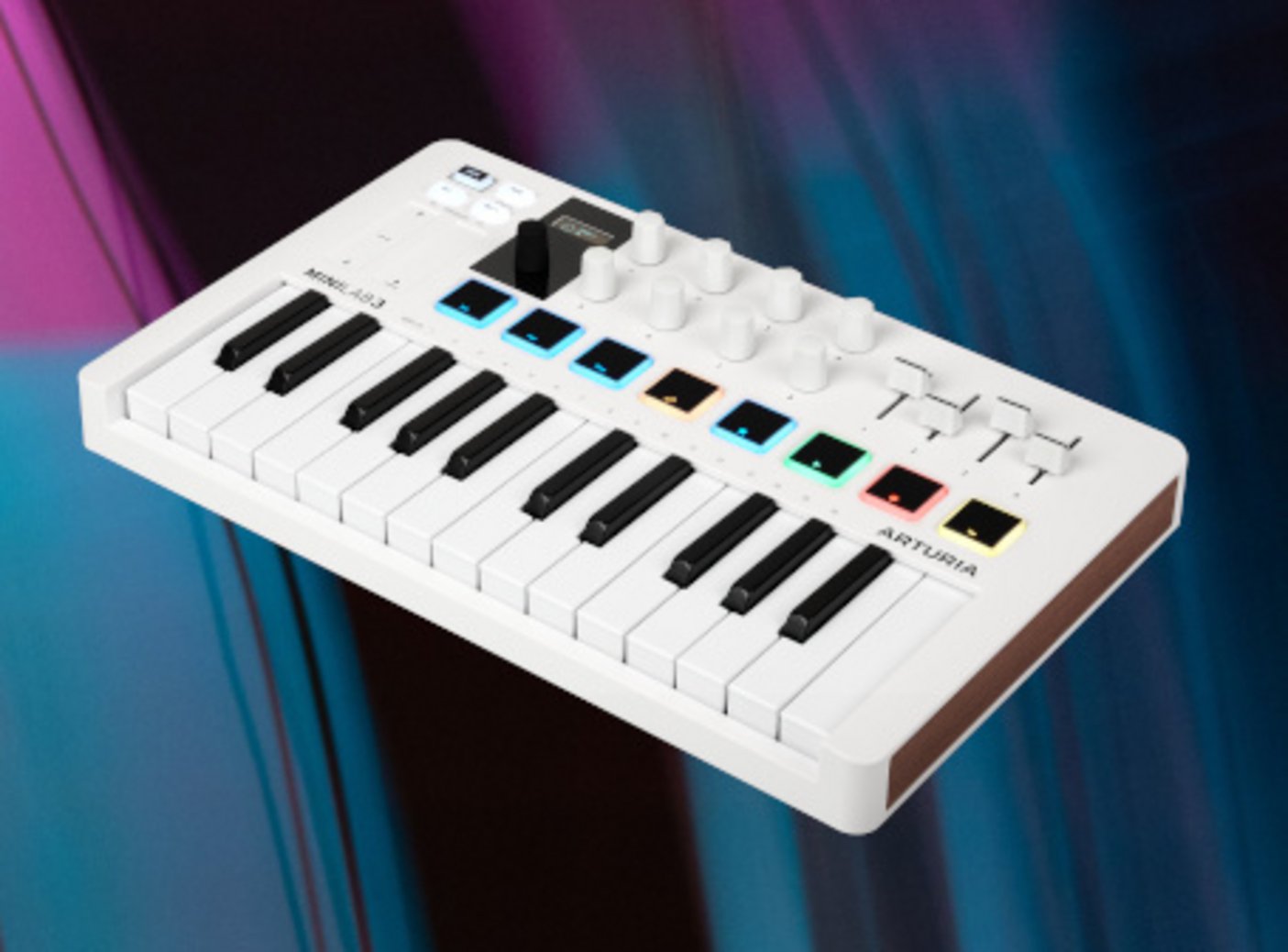 Das Bild zeigt einen weißen liegenden Arturia MIDI-Controller.