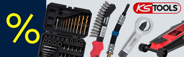Werbebanner mit KS Tools Werkzeugen wie Bohrer- und Steckschlüsselsatz, Drahtbürste, Spezialwerkzeug und Rangierwagenheber sowie grossem Prozentzeichen für Rabatt.