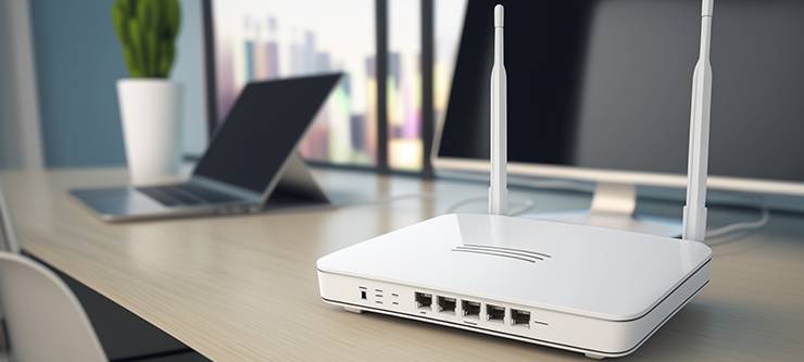 Weißer WLAN-Router mit Antennen auf einem Schreibtisch neben einem Laptop im Büro.