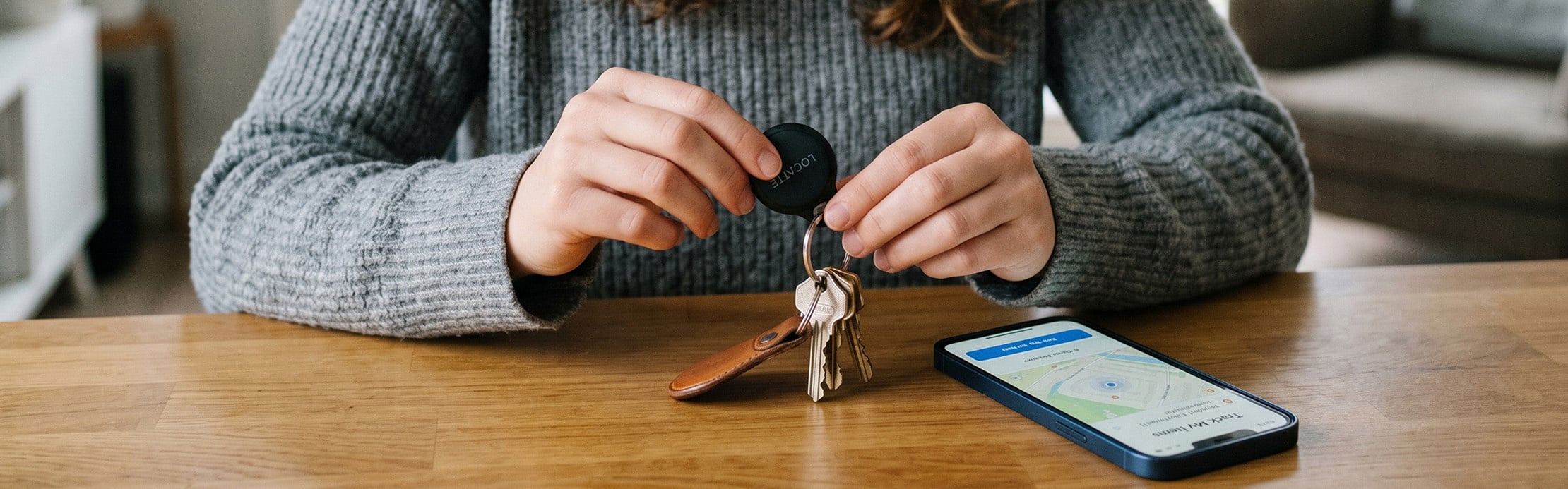 Person befestigt einen Bluetooth-Tracker an einem Schlüsselbund, während auf einem Smartphone die Ortung des Gegenstands angezeigt wird.