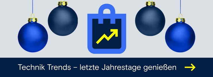 Weihnachtliche Szene mit blauen Weihnachtskugeln und einem stilisierten blauen Einkaufsbeutel mit gelbem Aufwärtspfeil