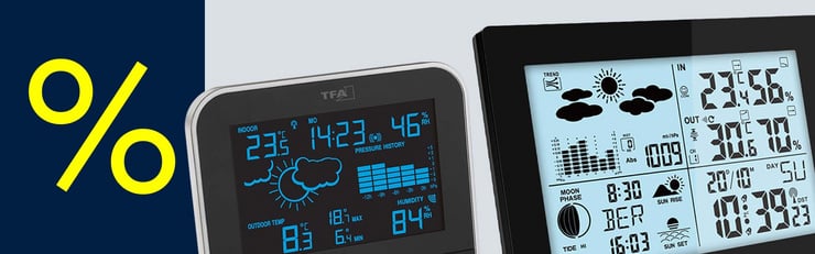 Digitale Wetterstationen mit Display für Temperatur, Luftfeuchtigkeit und Wetterdaten neben Prozentzeichen als Aktionshinweis.