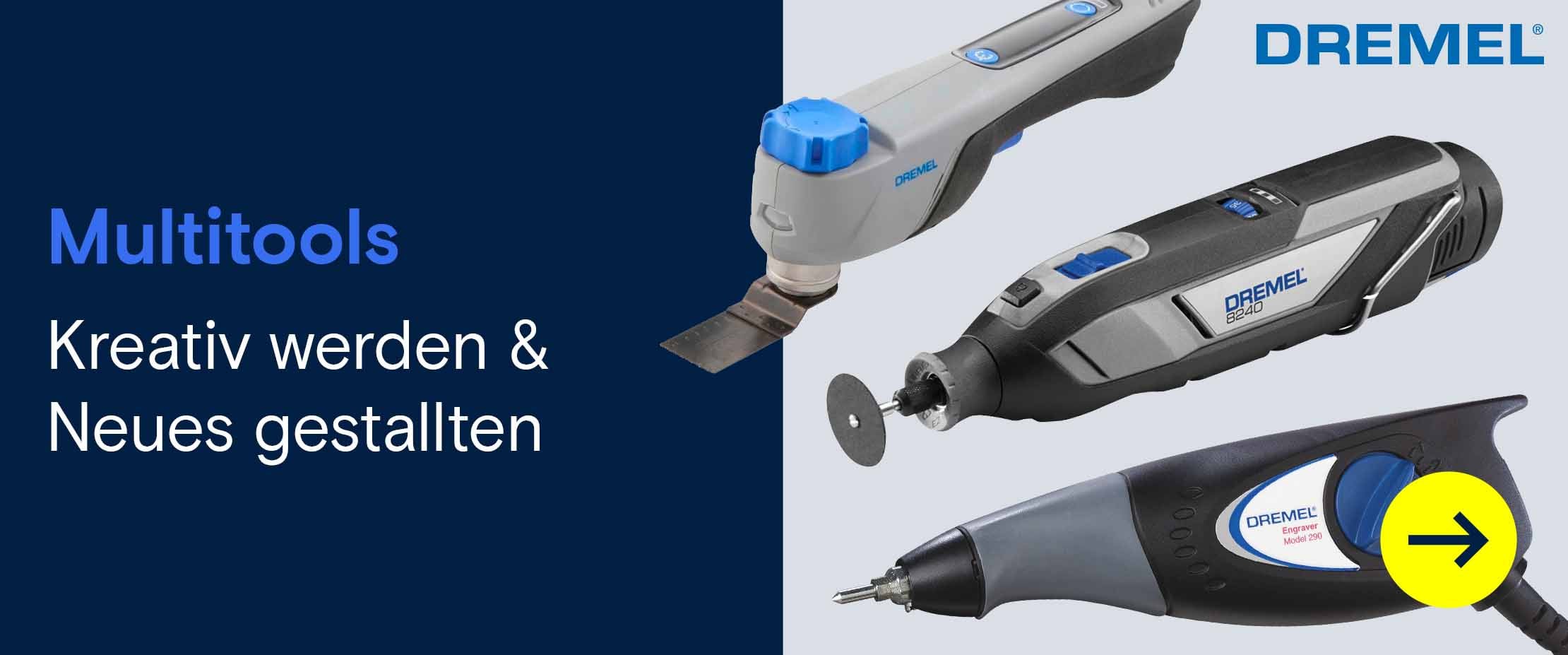 Dremel Multitools auf hellem Hintergrund mit dem Text „Multitools – Kreativ werden & Neues gestalten“ sowie Dremel-Logo und gelbem Pfeil-Button.