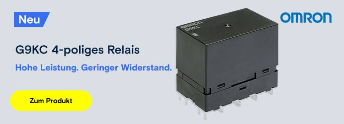 Omron G9KC 4-poliges Relais. Text: "Hohe Leistung. Geringer Widerstand".