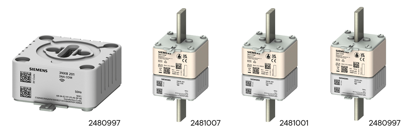 Siemens Kommunikationsmodul und drei NH-Sicherungen für industrielle Anwendungen.