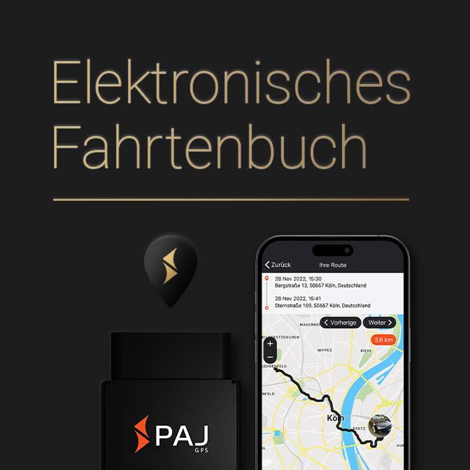 Dunkle Kachel mit dem Text "Elektronisches Fahrtenbuch" und einer Abbildung eines Smartphones mit PAJ-App. Weiterleitung zu einer Produktseite über pajgpselektronischesfahrtenbuchcat.