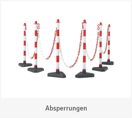 Sechs rot-weiß gestreifte Absperrpfosten mit schwarzen Standfüßen, die durch eine rot-weiße Kette miteinander verbunden sind, auf weißem Hintergrund mit der Unterschrift „Absperrungen“.