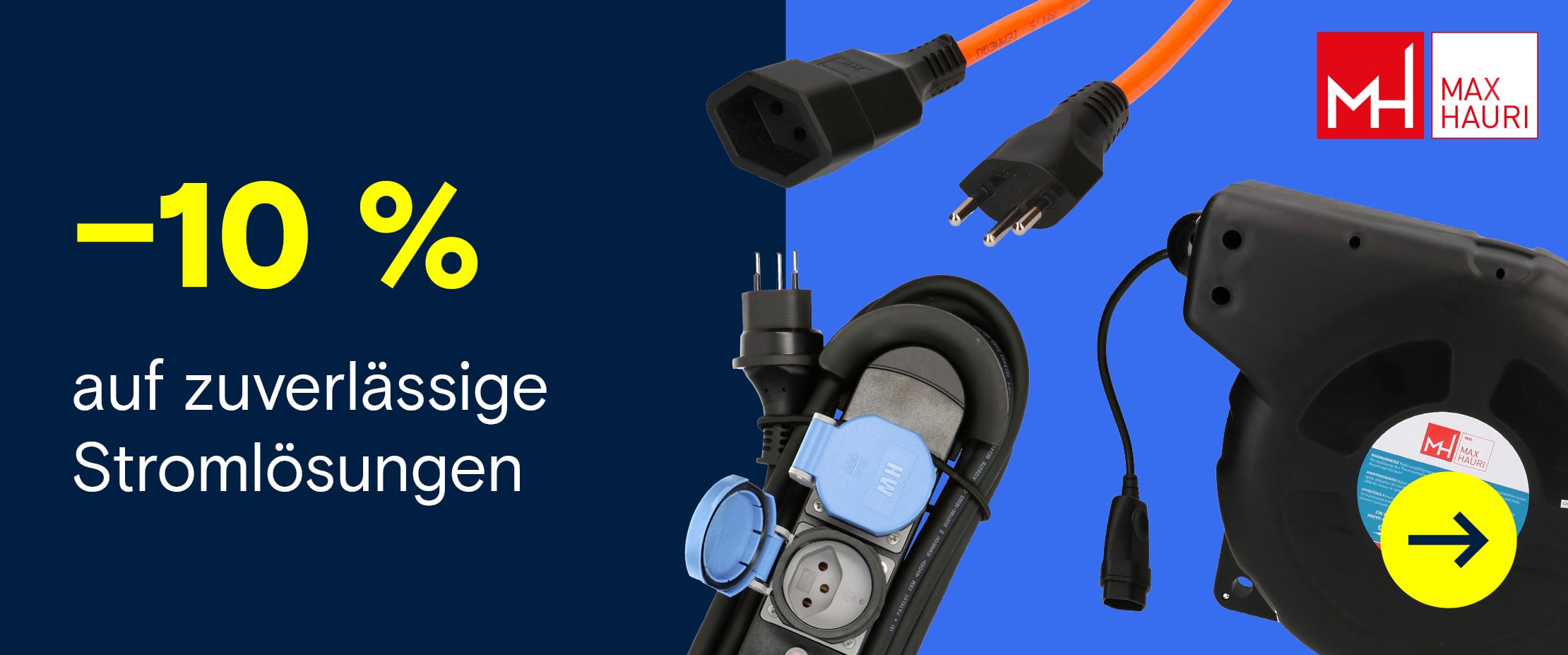 Banner zur MAX-HAURI-Aktion mit 10 % Rabatt auf Stromlösungen sowie Verlängerungskabel, Steckdosenleiste und Kabeltrommel.