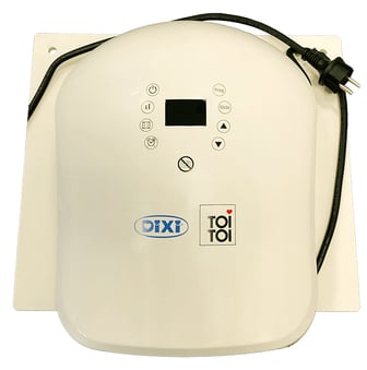 Heizlüfter von DIXI und TOI TOI mit Bedienfeld und Netzkabel für mobile Toilettenkabinen.