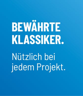 Eine Grafik auf blauem Grund mit der Überschrift „Bewährte Klassiker“ und dem Text „Nützlich bei jedem Projekt“.