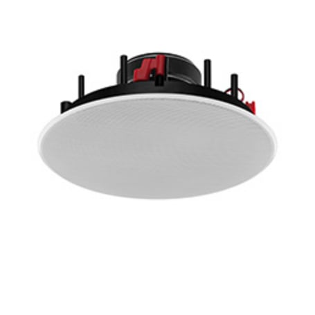 Das Bild zeigt einen runden, weißen Einbaulautsprecher mit einem schwarzen Rahmen und roten Details vor einem weißen Hintergrund.