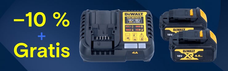 Werbebanner mit „-10 % + Gratis“ sowie DeWalt Ladegerät und zwei 18V XR 4 Ah Akkus auf blauem Hintergrund.