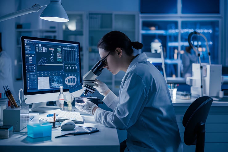Wissenschaftlerin im Labor betrachtet eine Probe durch ein Mikroskop, während auf dem Bildschirm hinter ihr DNA-Analysen angezeigt werden. 