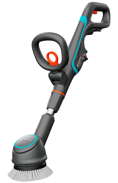 Gardena AquaBrush Akku-Reinigungsbürste in Grau und Türkis, mit ergonomischem Griff für effiziente Reinigung.