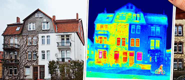 Gebäudethermografie-Foto eines Altbaus im Vergleich zur realen Fassade, mit auffälligen Wärmeverlusten an den Fenstern