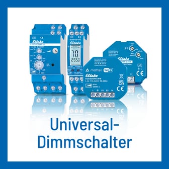Eine Produktgrafik vor weißem Hintergrund mit blauem Rahmen, die vier blaue Eltako Universal-Dimmschalter (zwei Hutschienen- und zwei Unterputz-Geräte) mit Spiegelung zeigt, darunter steht in blauer Schrift die Bezeichnung „Universal-Dimmschalter“.