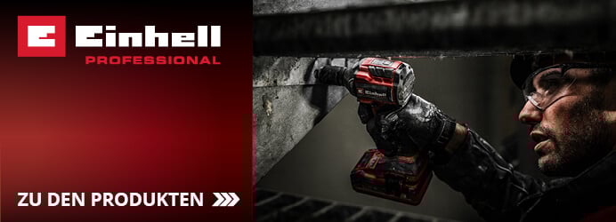  Ein Handwerker mit Schutzbrille und Handschuhen nutzt einen roten Einhell Professional Akkuschrauber, um eine Schraube in einem industriellen Umfeld zu befestigen, während links das rote Einhell Professional Logo und der Schriftzug "ZU DEN PRODUKTEN" mit einem Pfeil zu sehen sind.
