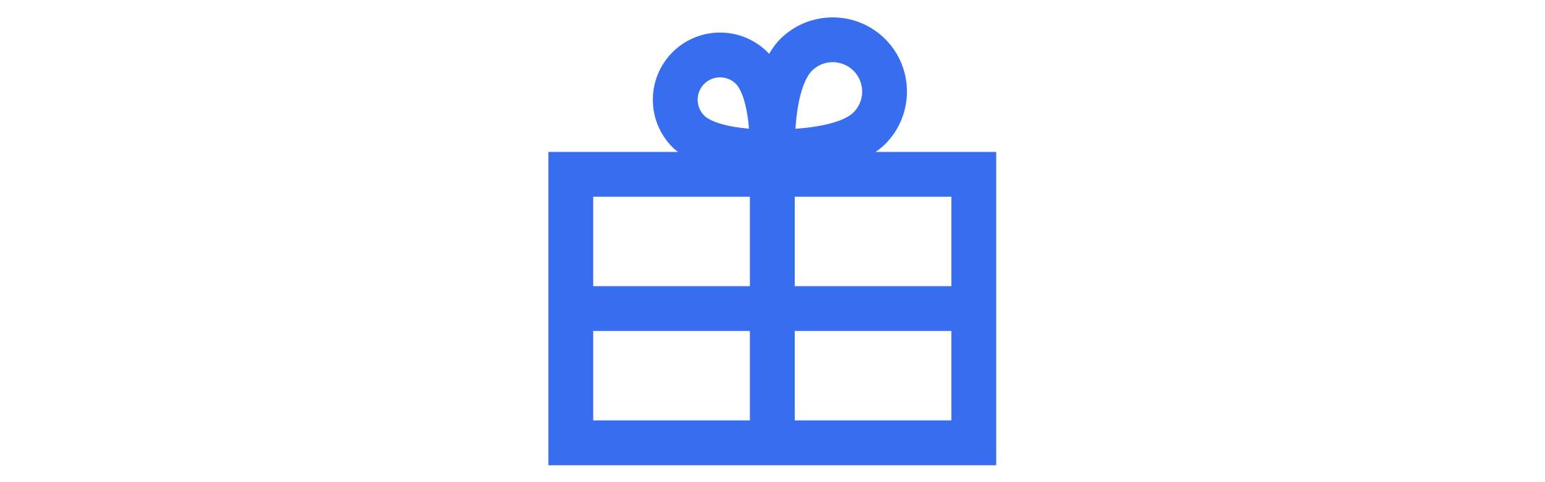 Blaues Icon einer Geschenkbox mit Schleife oben.