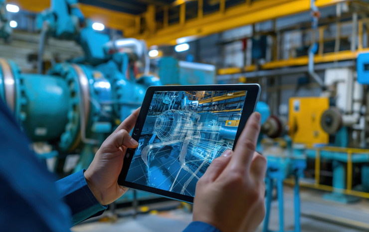 Ein Techniker prüft die Maschine mit einem Tablet wo alle Vernetzung ersichtlich sind.