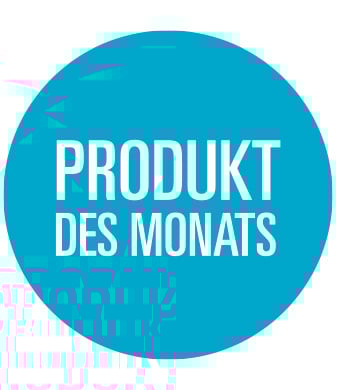  Das Bild zeigt einen großen, runden, hellblauen Button mit dem weißen, in Großbuchstaben geschriebenen Text "PRODUKT DES MONATS" in zwei Zeilen.