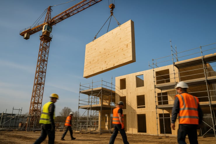 Kran hebt Holzbauelement auf Baustelle – moderne Hebetechnik für effizienten Materialfluss