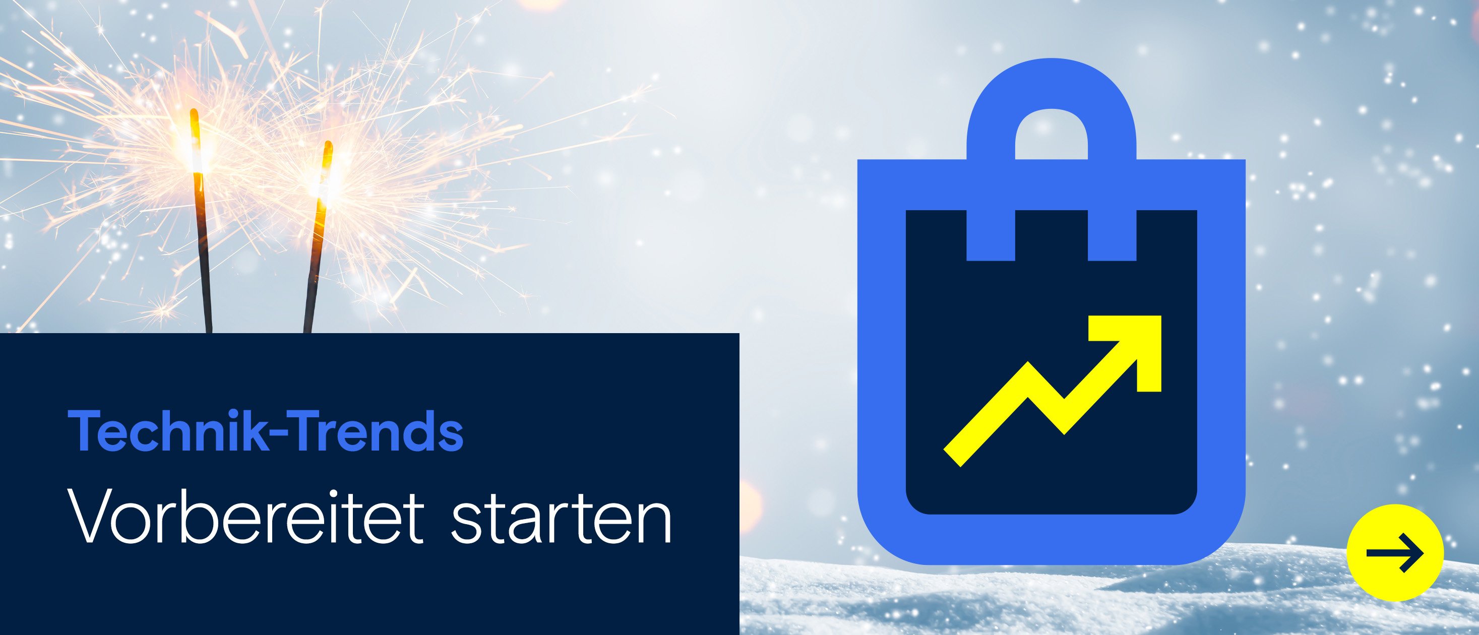 Ein Icon einer Tasche sitzt inmitten Schnee und nebendran sind zwei funkler.