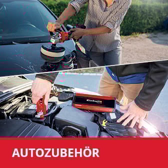 Anfrage erfolgreich Das Bild ist in zwei Abschnitte unterteilt: Im oberen Teil poliert eine Person eine schwarze Motorhaube mit einer Poliermaschine, während im unteren Teil eine Person ein Starthilfegerät an die Batterie eines Autos anschließt, mit dem roten Schriftzug "AUTOZUBEHÖR" am unteren Bildrand.