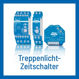 Abbildung von drei blauen Eltako Treppenlicht-Zeitschaltern auf einer spiegelnden Fläche mit dem großen Text „Treppenlicht-Zeitschalter“ darunter.