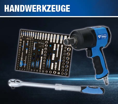 Verschiedene Handwerkzeuge der Marke Brilliant Tools, bestehend aus einem umfangreichen Steckschlüssel-Satz in einer Schaumstoffeinlage, einem blauen Druckluft-Schlagschrauber und einer Umschaltknarre, präsentiert vor einem dunklen Hintergrund mit der Überschrift „Handwerkzeuge“.