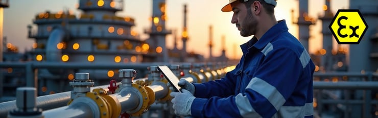Industriearbeiter mit Schutzhelm und Handschuhen bedient ein Tablet in einer industriellen Anlage mit Rohrleitungen und Explosionsschutz-Kennzeichnung.