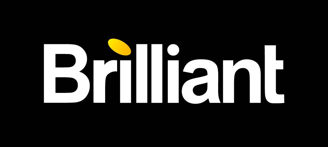 Das Firmenlogo zeigt den weißen Schriftzug „Brilliant“ auf schwarzem Hintergrund, bei dem der i-Punkt des ersten „i“ als gelbe, geneigte Ellipse dargestellt ist.