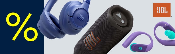 Werbegrafik mit JBL Kopfhörern, Bluetooth-Lautsprecher und Sport-Ohrhörern sowie Rabatt-Symbol für reduzierte Audio-Produkte und mobiles Musikerlebnis.