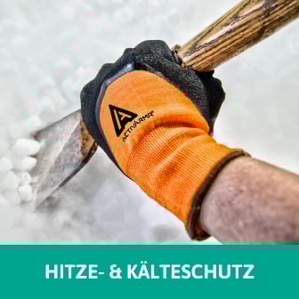 Das Bild zeigt Arbeiterhände mit Schutzhandschuhen, die auf einer vereisten Fläche mit dem Meißel arbeiten. Bei Klick auf das Bild werden Arbeitshandschuhe mit hitze- und kälteschützenden Eigenschaften aufgerufen. 