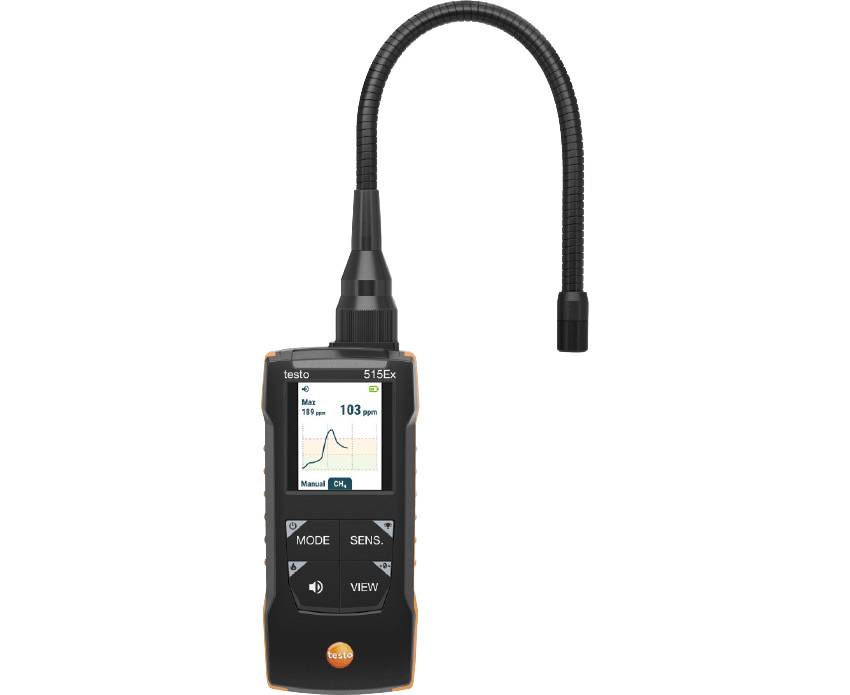 Das Gas-Gefahrenmessgerät Testo 515Ex mit biegsamer Schwanenhals-Sonde, Tastenfeld und Digitaldisplay zur Werteanzeige.