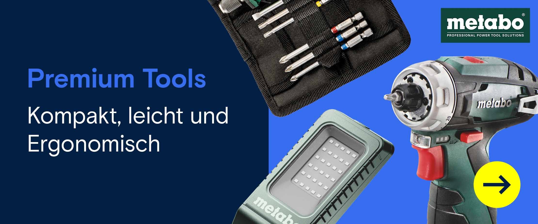 Das Bild zeigt eine Metabo-Werbegrafik mit dem Text „Premium Tools – Kompakt, leicht und ergonomisch“ sowie verschiedenen Metabo-Werkzeugen auf blauem Hintergrund.