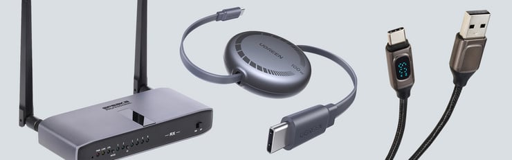 Werbegrafik mit WLAN-Router, einziehbarem USB-C-Ladekabel und USB-Kabel mit Display für Konnektivitäts- und Ladezubehör im Alltag.