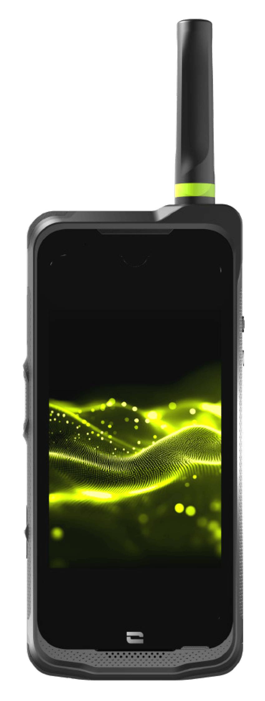 Ein robustes schwarzes Smartphone mit einer markanten Antenne an der Oberseite und einer grün leuchtenden Wellengrafik auf dem Display vor weißem Hintergrund.